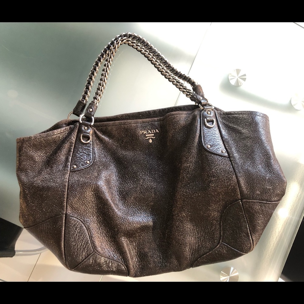 Authentic vintage Prada - Cervo Lux Chain Tote Bag - Dk brown